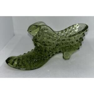 Vintage Fenton Green Hobnail Cat's Head Slipper Shoe